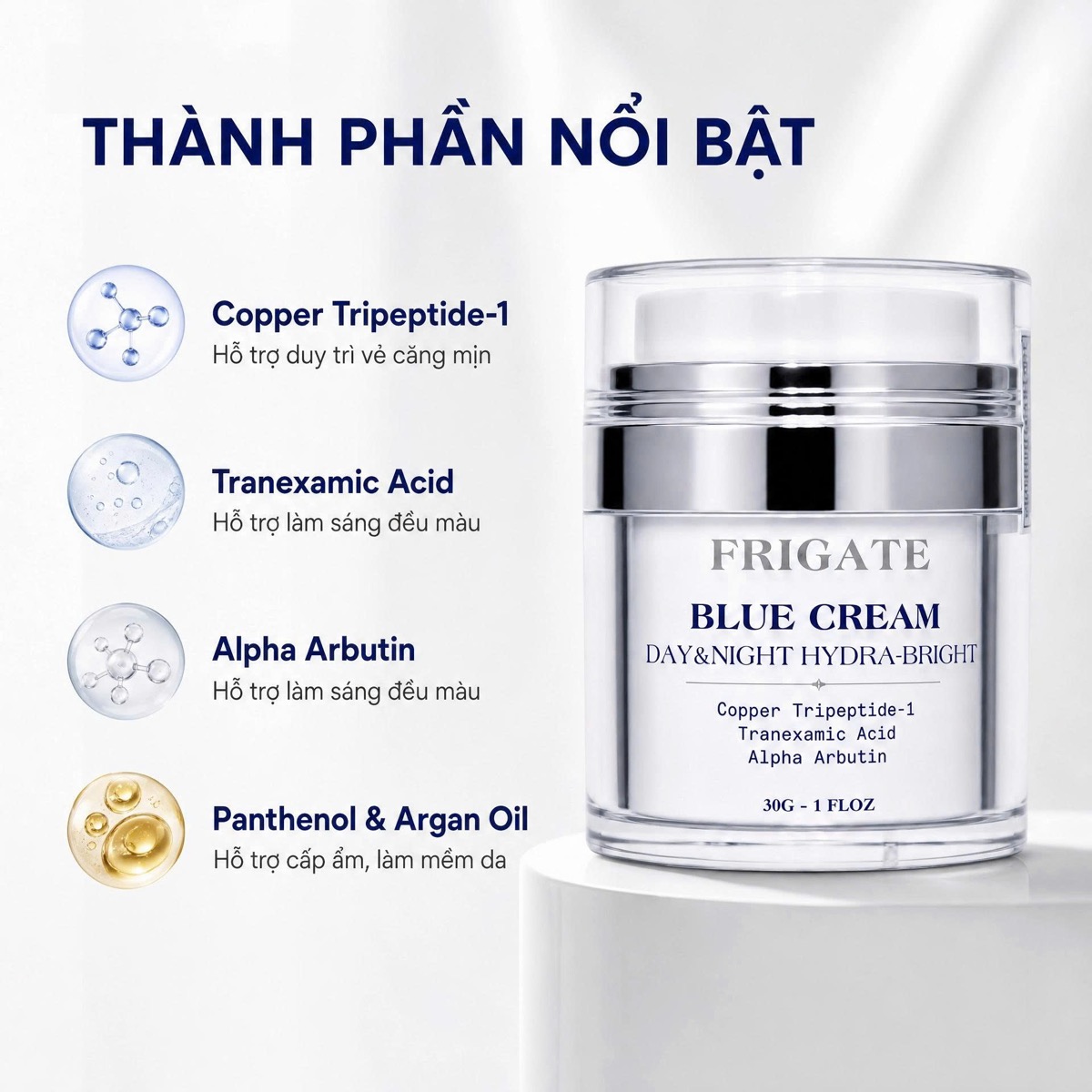 Kem Xanh (Blue Cream) của Frigate: copper tripeptide-1, tranexamic acid, alpha arbutin, panthenol và dầu argan