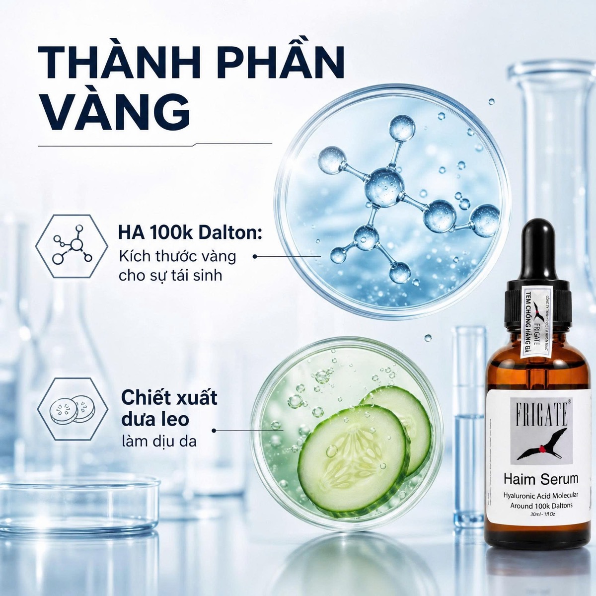 Serum HAIM của Frigate: hyaluronic acid 100 kDa và chiết xuất dưa leo, hai thành phần chính trên nhãn